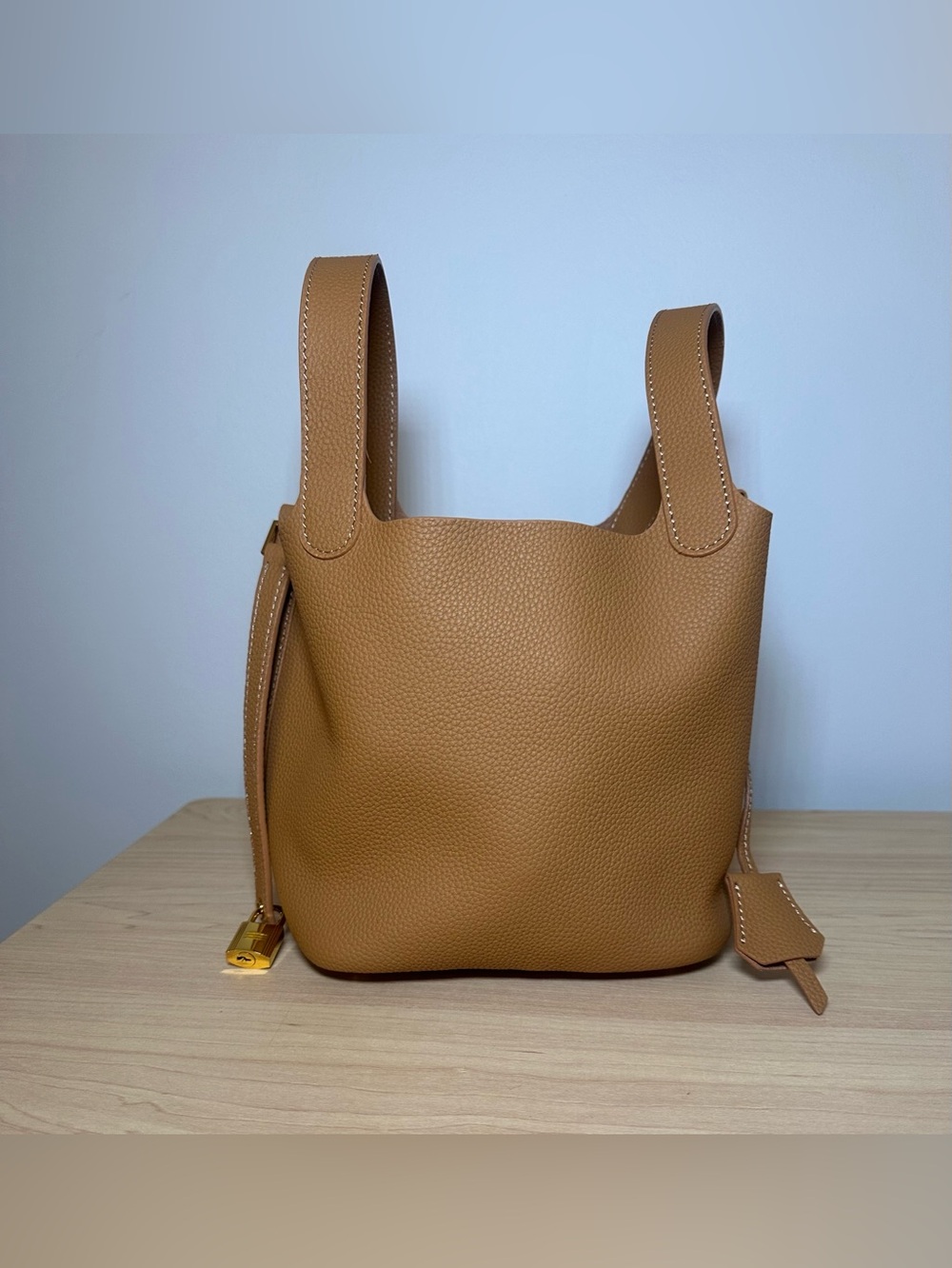Pebbled Tan Leather Bag with Gold Lock Charm